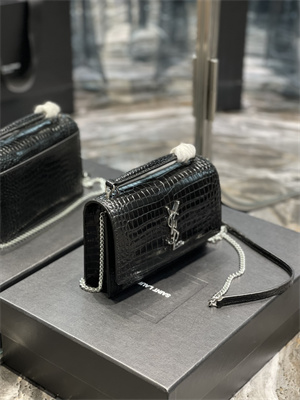 Y.S.L Sunset Chain Wallet In Crocodile Embossed Leather Silver Tone Metal Black Color