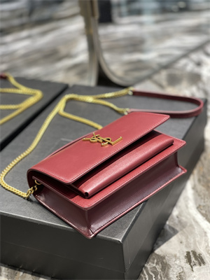 Y.S.L Sunset Chain Wallet In Smooth Leather Gold Tone Metal Burgundy Color