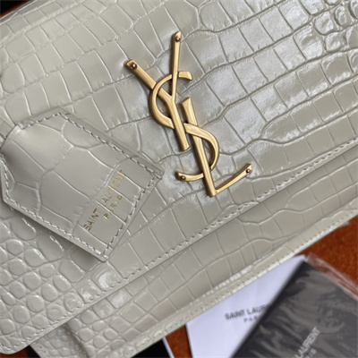 Y.S.L Sunset MEDIUM Bag In Crocodile Embossed Leather Gold Tone Metal White Color