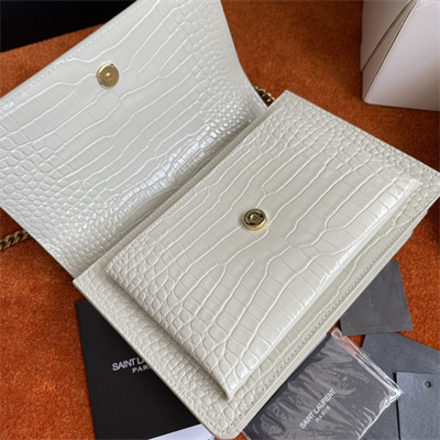 Y.S.L Sunset MEDIUM Bag In Crocodile Embossed Leather Gold Tone Metal White Color
