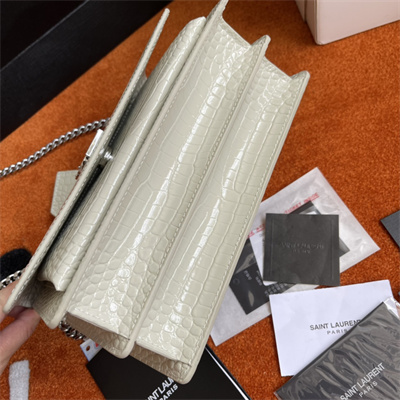Y.S.L Sunset MEDIUM Bag In Crocodile Embossed Leather Silver Tone Metal White Color