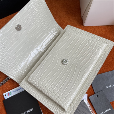 Y.S.L Sunset MEDIUM Bag In Crocodile Embossed Leather Silver Tone Metal White Color