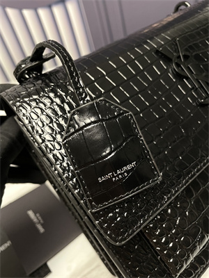 Y.S.L Sunset MEDIUM Bag In Crocodile Embossed Leather Black Tone Metal Black Color