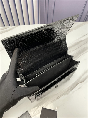 Y.S.L Sunset MEDIUM Bag In Crocodile Embossed Leather Black Tone Metal Black Color