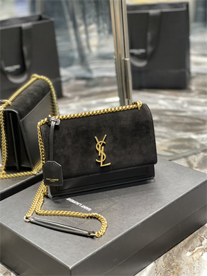 Y.S.L Sunset MEDIUM Bag In Suede and Smooth Leather Gold Tone Metal Black Color