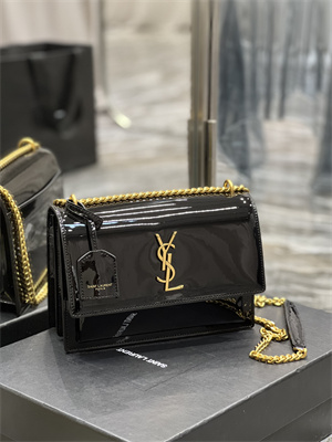 Y.S.L Sunset MEDIUM Bag In Patent Leather Gold Tone Metal Black Color