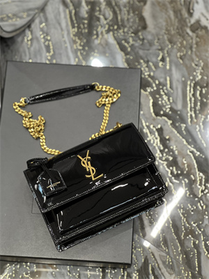 Y.S.L Sunset MEDIUM Bag In Patent Leather Gold Tone Metal Black Color