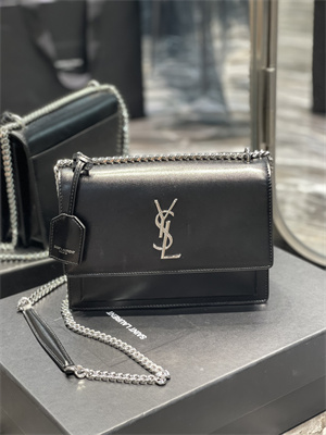 Y.S.L Sunset MEDIUM Bag In Smooth Leather Silver Tone Metal Black Color