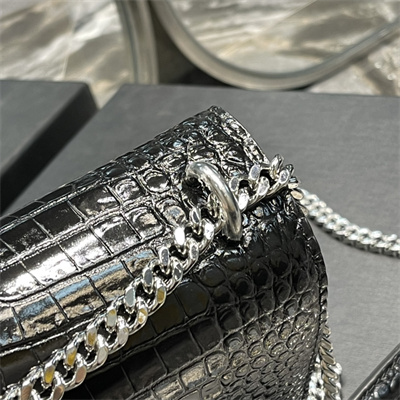 Y.S.L Sunset MEDIUM Bag In Crocodile Embossed Leather Silver Tone Metal Black Color