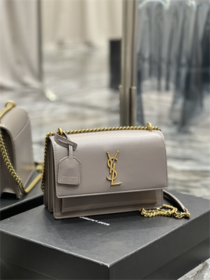 Y.S.L Sunset MEDIUM Bag In Smooth Leather Gold Tone Metal Grey Color