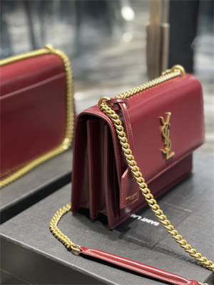 Y.S.L Sunset MEDIUM Bag In Smooth Leather Gold Tone Metal Burgundy Color