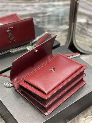 Y.S.L Sunset MEDIUM Bag In Smooth Leather Silver Tone Metal Burgundy Color