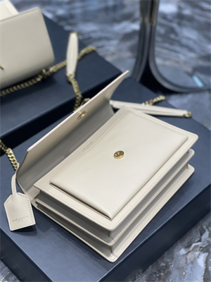 Y.S.L Sunset MEDIUM Bag In Smooth Leather Gold Tone Metal Beige Color