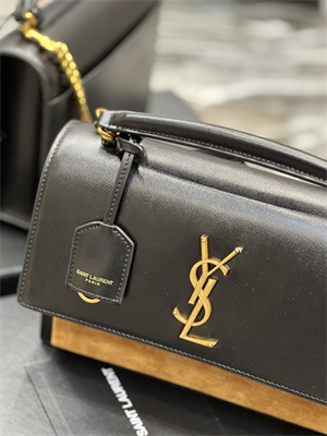 Y.S.L Sunset Top Handle Bag In Smooth Leather and Suede Gold Tone Metal Black Color