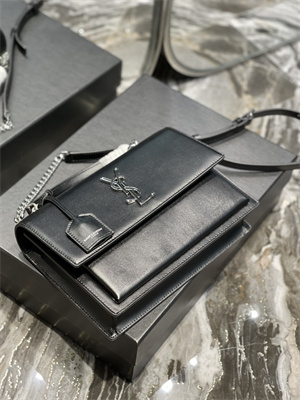 Y.S.L Sunset Top Handle Bag In Smooth Leather Silver Tone Metal Black Color