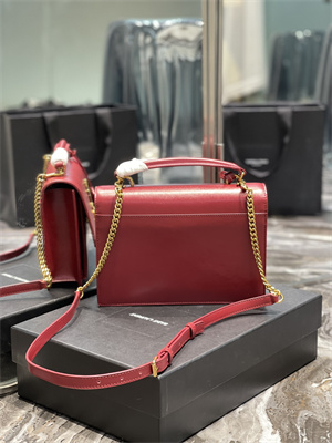 Y.S.L Sunset Top Handle Bag In Smooth Leather Gold Tone Metal Burgundy Color