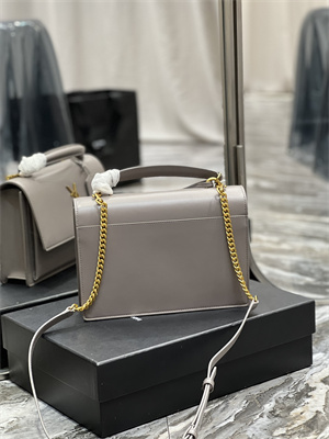 Y.S.L Sunset Top Handle Bag In Smooth Leather Gold Tone Metal Grey Color