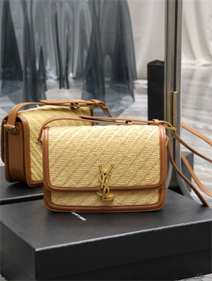 Y.S.L SOLFERINO MEDIUM SATCHEL IN Raffia and Vegetable Tanned Leather Gold Tone Metal