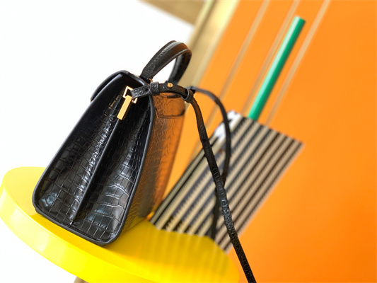 Y.S.L CASSANDRA MEDIUM TOP HANDLE BAG IN CROCODILE EMBOSSED LEATHER Gold Tone Metal Black Color