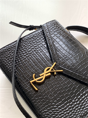 Y.S.L CASSANDRA MEDIUM TOP HANDLE BAG IN CROCODILE EMBOSSED LEATHER Gold Tone Metal Black Color