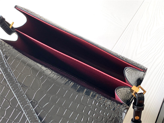 Y.S.L CASSANDRA MEDIUM TOP HANDLE BAG IN CROCODILE EMBOSSED LEATHER Gold Tone Metal Black Color