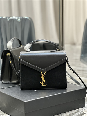 Y.S.L CASSANDRA MEDIUM TOP HANDLE BAG IN Suede and Smooth Leather Gold Tone Metal Black Color