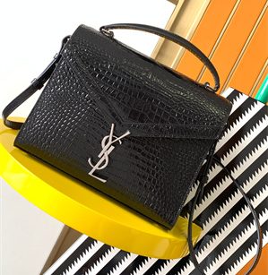 Y.S.L CASSANDRA MEDIUM TOP HANDLE BAG IN CROCODILE EMBOSSED LEATHER Silver Tone Metal Black Color