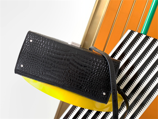 Y.S.L CASSANDRA MEDIUM TOP HANDLE BAG IN CROCODILE EMBOSSED LEATHER Silver Tone Metal Black Color