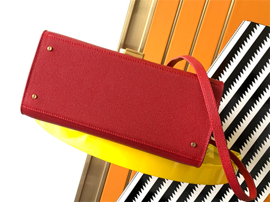 Y.S.L CASSANDRA MEDIUM TOP HANDLE BAG IN DE POUDRE EMBOSSED LEATHER Gold Tone Metal Red Color