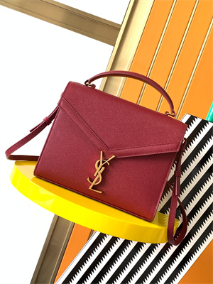 Y.S.L CASSANDRA MEDIUM TOP HANDLE BAG IN DE POUDRE EMBOSSED LEATHER Gold Tone Metal Burgundy Color