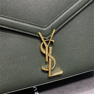 Y.S.L CASSANDRA MEDIUM TOP HANDLE BAG IN DE POUDRE EMBOSSED LEATHER Gold Tone Metal Green Color