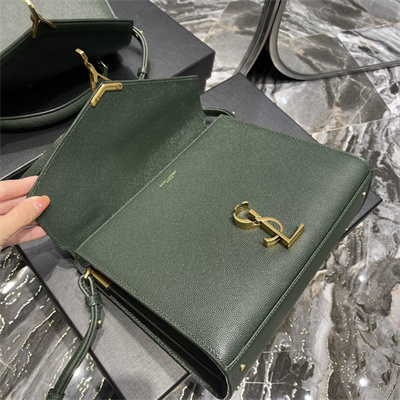 Y.S.L CASSANDRA MEDIUM TOP HANDLE BAG IN DE POUDRE EMBOSSED LEATHER Gold Tone Metal Green Color