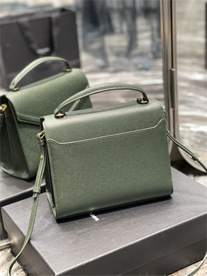 Y.S.L CASSANDRA MEDIUM TOP HANDLE BAG IN DE POUDRE EMBOSSED LEATHER Gold Tone Metal Green Color