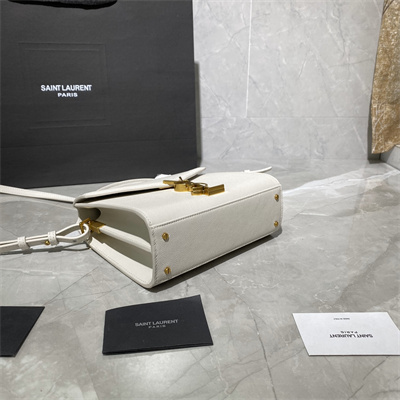 Y.S.L CASSANDRA MINI TOP HANDLE BAG  IN DE POUDRE EMBOSSED LEATHER Gold Tone Metal White Color