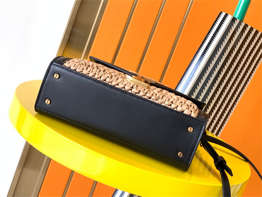 Y.S.L CASSANDRA MINI TOP HANDLE BAG IN Raffia and Leather Gold Tone Metal