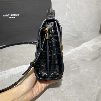 Y.S.L CASSANDRA MINI TOP HANDLE BAG IN CROCODILE EMBOSSED LEATHER Gold Tone Metal Black Color