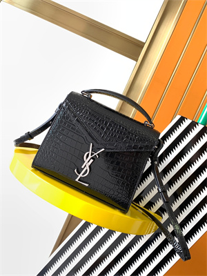 Y.S.L CASSANDRA MINI TOP HANDLE BAG IN CROCODILE EMBOSSED LEATHER Silver Tone Metal Black Color