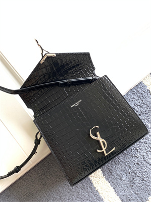 Y.S.L CASSANDRA MINI TOP HANDLE BAG IN CROCODILE EMBOSSED LEATHER Silver Tone Metal Black Color