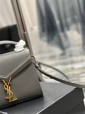 Y.S.L CASSANDRA MINI TOP HANDLE BAG IN DE POUDRE EMBOSSED LEATHER Gold Tone Metal Grey Color