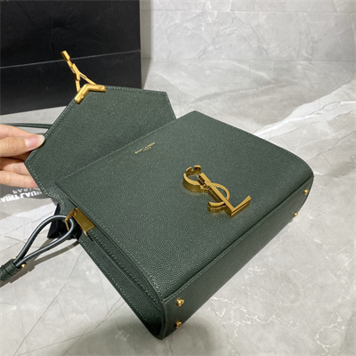 Y.S.L CASSANDRA MINI TOP HANDLE BAG IN DE POUDRE EMBOSSED LEATHER Gold Tone Metal Green Color