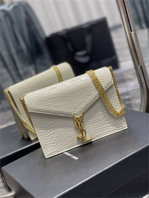 Y.S.L CASSANDRA CHAIN BAG IN CROCODILE EMBOSSED LEATHER Gold Tone Metal White Color