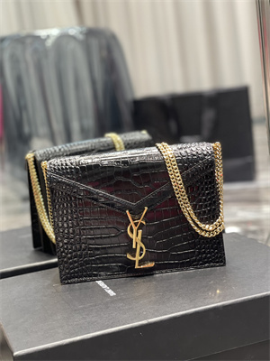 Y.S.L CASSANDRA CHAIN BAG IN CROCODILE EMBOSSED LEATHER Gold Tone Metal Black Color