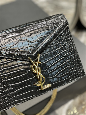 Y.S.L CASSANDRA CHAIN BAG IN CROCODILE EMBOSSED LEATHER Gold Tone Metal Black Color