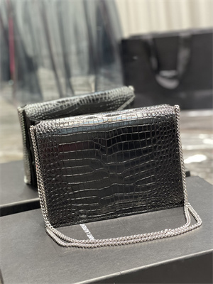 Y.S.L CASSANDRA CHAIN BAG IN CROCODILE EMBOSSED LEATHER Silver Tone Metal Black Color