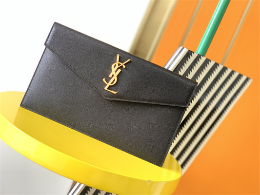 Y.S.L UPTOWN POUCH IN GRAIN DE POUDRE EMBOSSED LEATHER Black Color Gold Tone Metal