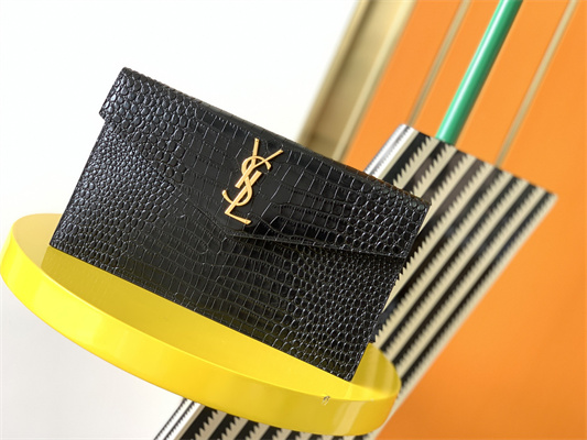 Y.S.L UPTOWN POUCH IN CROCODILE EMBOSSED LEATHER Black Color Gold Tone Metal