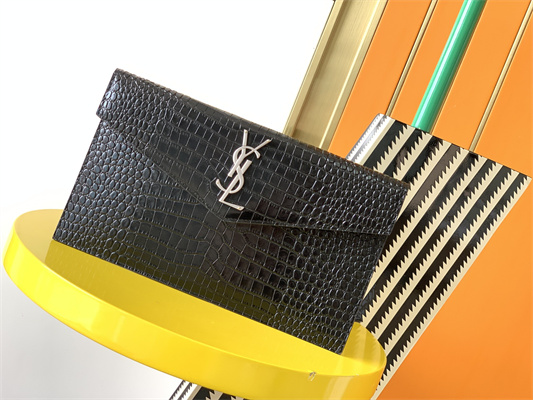 Y.S.L UPTOWN POUCH IN CROCODILE EMBOSSED LEATHER Black Color Silver Tone Metal