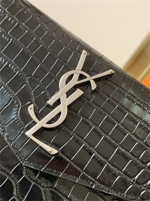 Y.S.L UPTOWN POUCH IN CROCODILE EMBOSSED LEATHER Black Color Silver Tone Metal