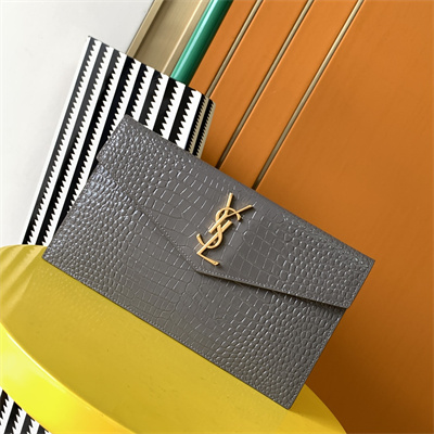 Y.S.L UPTOWN POUCH IN CROCODILE EMBOSSED LEATHER Grey Color Gold Tone Metal