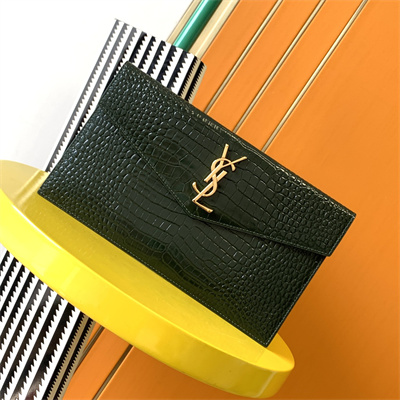 Y.S.L UPTOWN POUCH IN CROCODILE EMBOSSED LEATHER Dk Green Color Gold Tone Metal